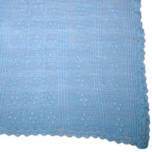 Blue crocheted Throw Blanket with Scalloped Edges & Pompoms 49 X 57